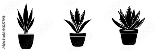Elegant black icons of various plants in pots creating a modern botanical theme suitable for design projects