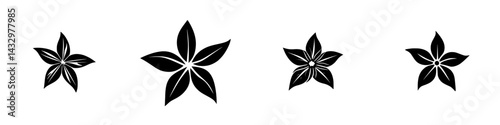 Black flower icons in various sizes arranged horizontally on a white background displaying a simple and elegant design