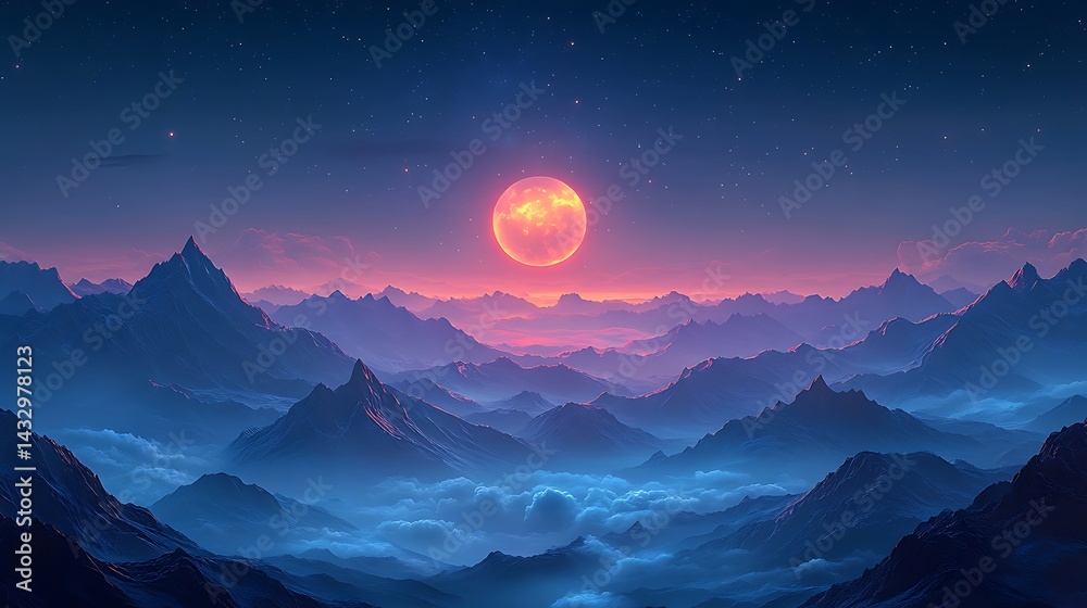 Sunset moon behind sharp mountain ridgeline image Sunset moon behind sharp mountain ridgeline image