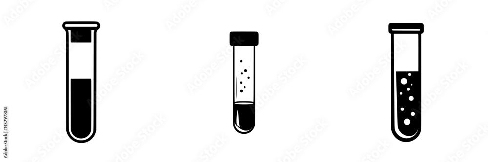 Three black icons representing laboratory test tubes with varying liquid levels, suitable for educational or scientific illustrations Three black icons representing laboratory test tubes with varying liquid levels, suitable for educational or scientific illustrations