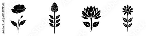 Elegant black floral icons showcasing diverse designs with varying shapes and styles suitable for digital applications