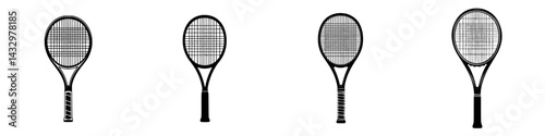 Black tennis racket icons depicting various angles and perspectives for sports design and graphics