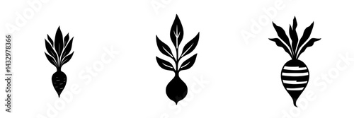 Stylized black icons of various root vegetables with distinct leaf arrangements and patterns