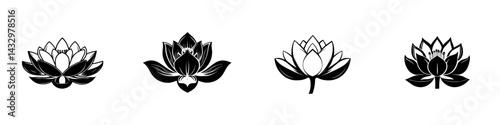 Stylized black icons of lotus flowers arranged in a row showcasing elegance and beauty