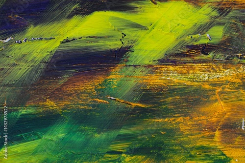 Abstract painting with vibrant green and yellow brushstrokes.