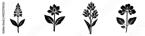 Black floral icons representing various plant species arranged in a series, ideal for graphic design projects and nature-themed artwork
