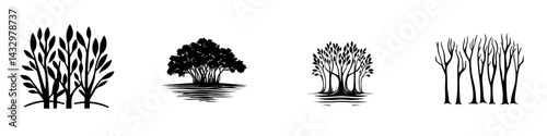 Various black icons representing different tree and plant silhouettes in a simple and elegant design for nature themes