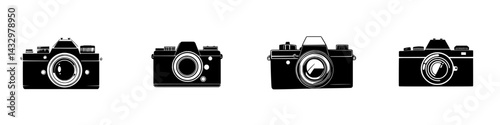 Various black camera icons showcasing different designs and styles used in photography and videography for creative projects and branding