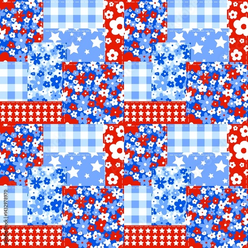 Fourth Of July Floral Patchwork Seamless Pattern Red White Blue Daisy Gingham Digital Paper Background 