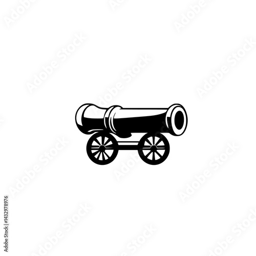 Detailed black illustration of a vintage cannon mounted on wheels, emphasizing historical military equipment and its design features