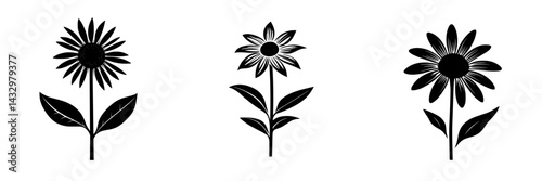 Black flower icon set showcasing three distinct styles of flower designs with varying petal shapes and leaf arrangements