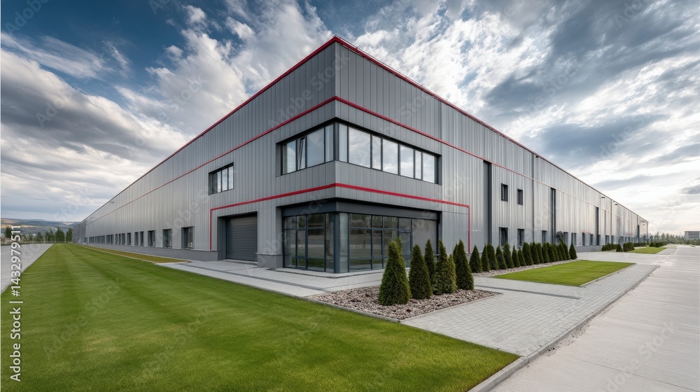 Obraz premium Modern industrial warehouse exterior, large grey facade with red trim, expansive logistics center.