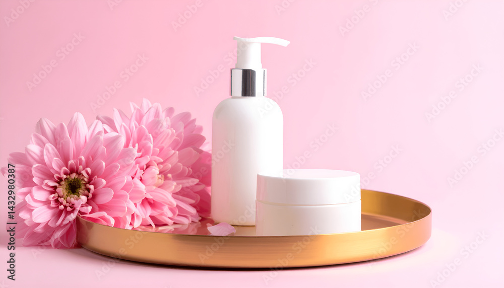 Poduct shot of cosmetics bottle with white labels on golden tray, pastel pink, minimalistic Poduct shot of cosmetics bottle with white labels on golden tray, pastel pink, minimalistic