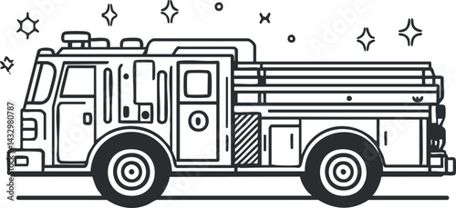 Black and white line art illustration of a fire truck with emergency equipment and sirens