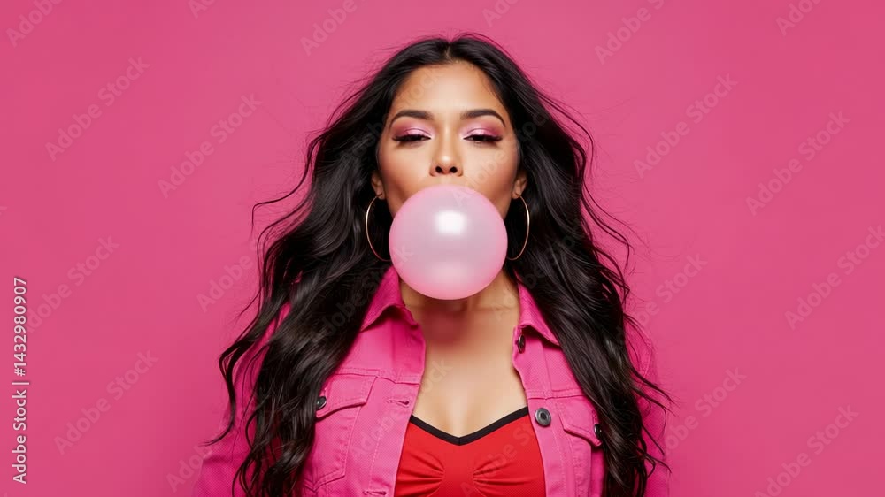 Young woman blowing bubblegum against a vibrant pink background, showcasing playful expression - beautiful latinas