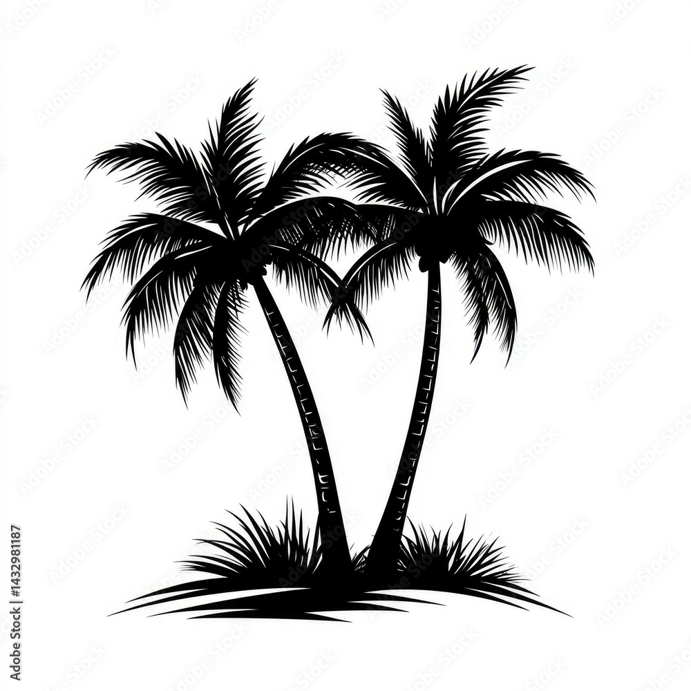 Silhouette of Palm Trees on a Tropical Beach , Silhouette of Two Palm Trees on the white background Silhouette of Palm Trees on a Tropical Beach , Silhouette of Two Palm Trees on the white background