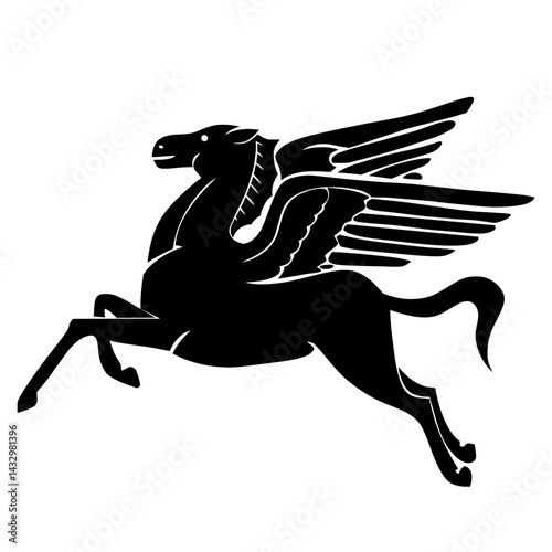 Black silhouette of Pegasus, the winged horse from Greek mythology, in a dynamic leaping pose