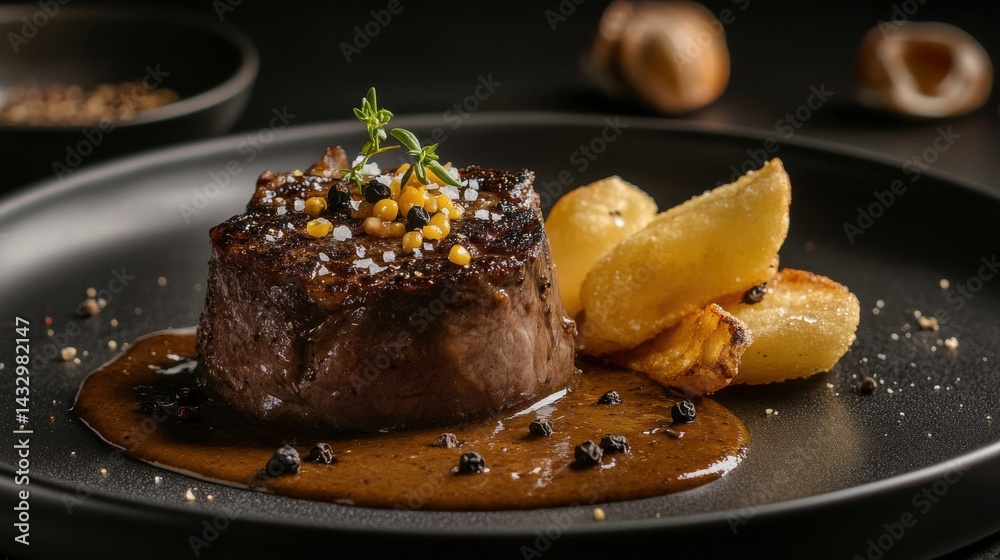 A grilled steak with a creamy pepper sauce, served with french fries on a white plate. A grilled steak with a creamy pepper sauce, served with french fries on a white plate.