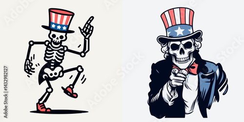 Skeleton Uncle Sam dancing shoes hat 1. Funny Animal Vector Clip art. Bony patriotic figure footwear headwear jig one joyous celebration.
