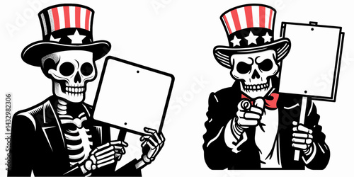 Skeleton Uncle Sam holding tablet blank sign. Funny Animal Vector Clip art. Bony figure patriotics portrayal display vacant board advert concept.