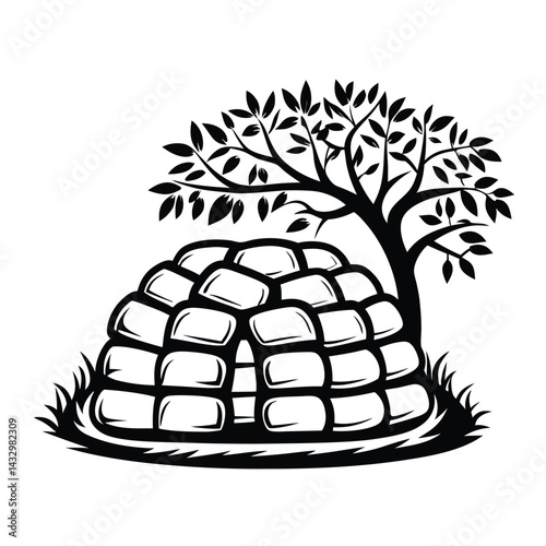 Inuit Igloo Home Dome Silhouette under Tree, Traditional Aboriginal Dwelling Black Icon