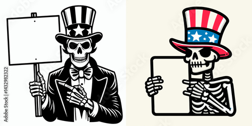 Skeleton Uncle Sam holds sign points at clipboard. Funny Animal Vector Clip art. Bony figure patriot displays placard directs toward form documentation idea.