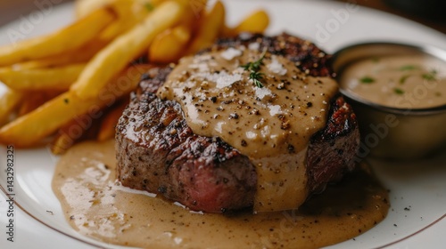 A grilled steak with a creamy pepper sauce, served with french fries on a white plate.
