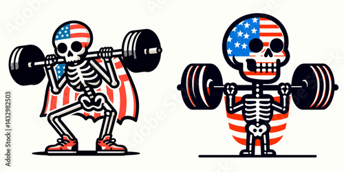 skeleton wear american flag a playful lift. Funny Animal Vector Clip art. Bony figure donned patriotic banner merry heave humor design print.