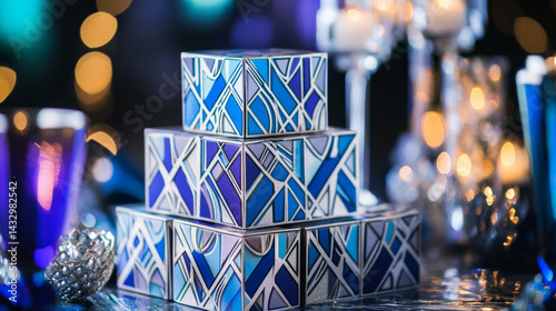 stack of art deco style gift boxes with geometric blue patterns is elegantly arranged on reflective surface, surrounded by candles and festive decorations, creating luxurious ambiance