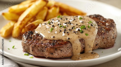 A grilled steak with a creamy pepper sauce, served with french fries on a white plate.