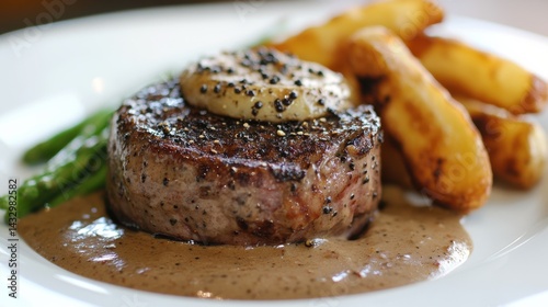 A grilled steak with a creamy pepper sauce, served with french fries on a white plate.