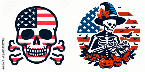 skeleton wear american flag Cheek to Cheek. Funny Animal Vector Clip art. Bony attire stars and stripes face face patriotic novelty garment image.