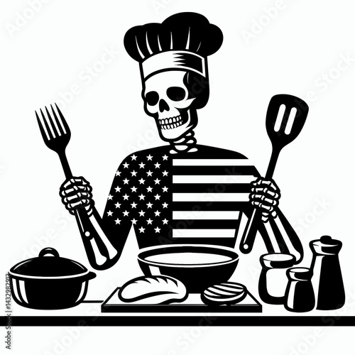 skeleton wear american flag Cooking together. Funny Animal Vector Clip art. Skull attire usa banner kitchen prep collaborative culinary action.