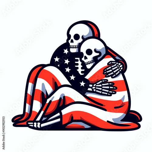 skeleton wear american flag Cuddling under a blanket. Funny Animal Vector Clip art. Bony physique adorned with patriotic symbol embracing warmly beneath cover.