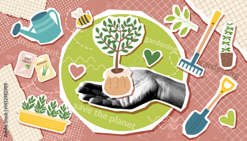 Gardening ecological collage banner with human hand photo holding sapling in pop art style. Spring and gardening trendy background.