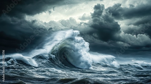 Powerful ocean waves crash against a stormy sky.