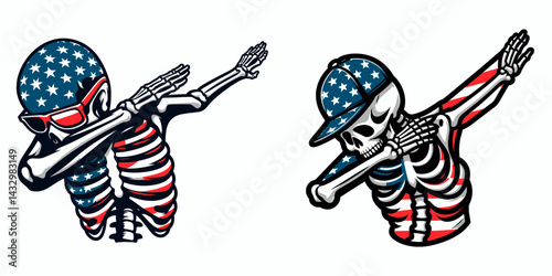skeleton wear american flag dabbing. Funny Animal Vector Clip art. Bony form patriotic banner gesture.