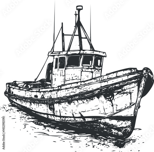 Black and white sketch of a fishing boat on water with detailed hull and cabin structure