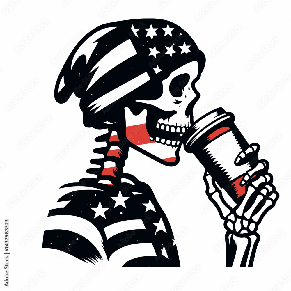 Fototapeta premium skeleton wear american flag Drinking coffee. Funny Animal Vector Clip art. Bony figure donning star-spangled banner apparel relishing morning brew.