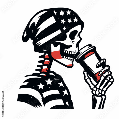 skeleton wear american flag Drinking coffee. Funny Animal Vector Clip art. Bony figure donning star-spangled banner apparel relishing morning brew.