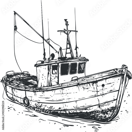 Black and white sketch of a fishing boat with detailed hull, cabin, and fishing equipment on water.