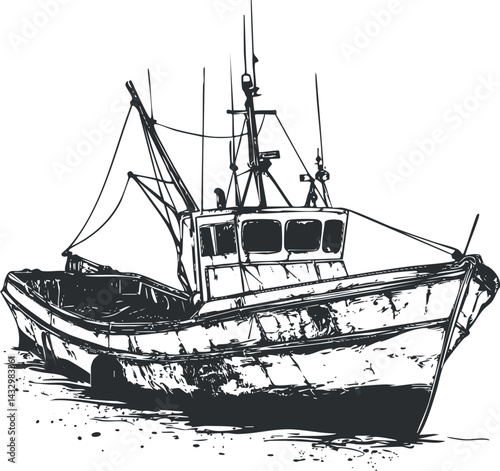Black and white hand-drawn illustration of a fishing boat with detailed structure and rigging