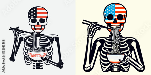 skeleton wear american flag eat ramen. Funny Animal Vector Clip art. Bony physique donned national banner savoring noodle dish symbolic gesture.