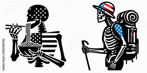 skeleton wear american flag eat ramen. Funny Animal Vector Clip art. Osseous form clad patriotic banner consume noodle dish us nation symbol chow.