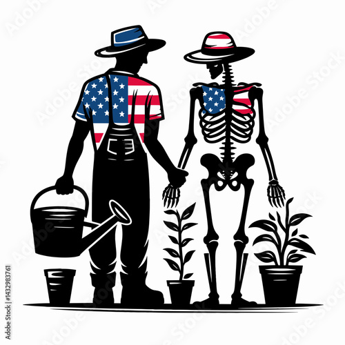 skeleton wear american flag Gardening together. Funny Animal Vector Clip art. Bony apparel us banner horticulture partnership patriotic yard activity.