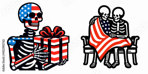 skeleton wear american flag Gift Exchange. Funny Animal Vector Clip art. Bony garb united states banner secret santa swap novelty present idea.