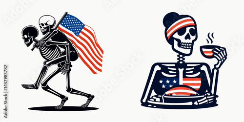 skeleton wear american flag Giving a piggyback ride. Funny Animal Vector Clip art. Bony figure in usa banner apparel carrying another person on back.