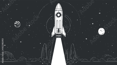 Black and white illustration of a rocket launching into space with stars and planets in the background