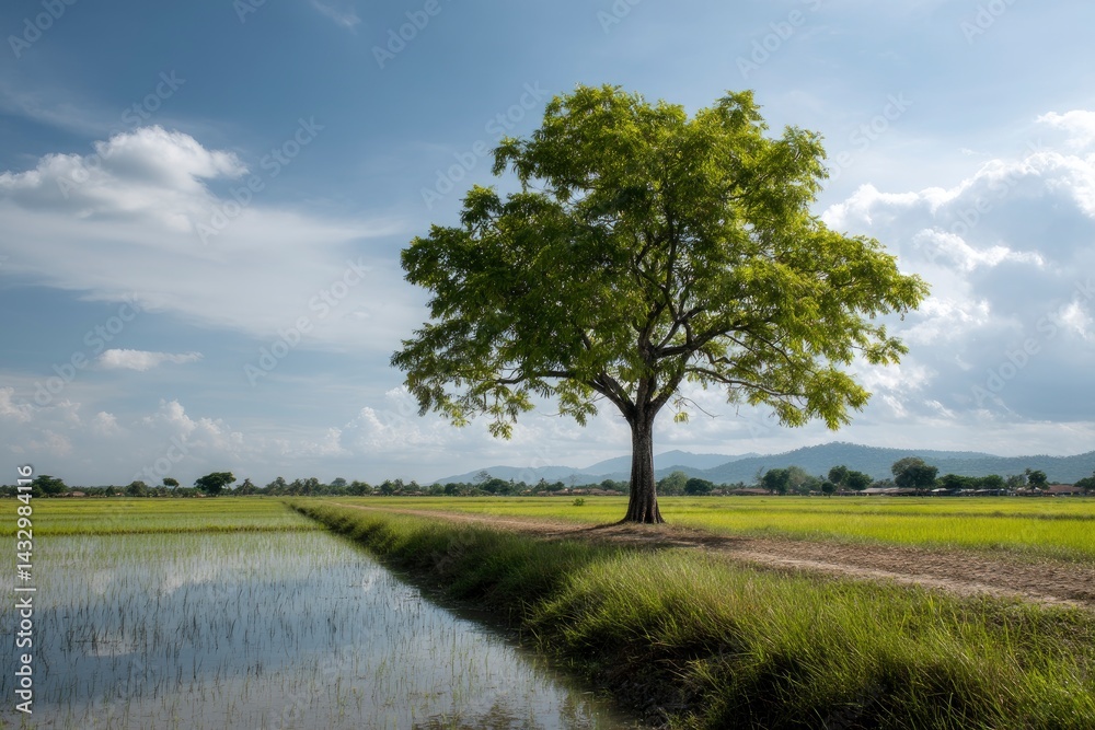 Tree in Rice Field with Cloudy Sky Tree in Rice Field with Cloudy Sky