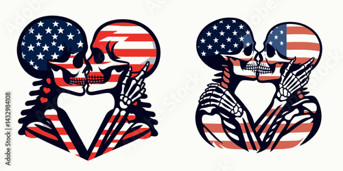 skeleton wear american flag Holding each others faces for a kiss. Funny Animal Vector Clip art. Bony figure adorn usa banner grasping visage tender smooch love notion.